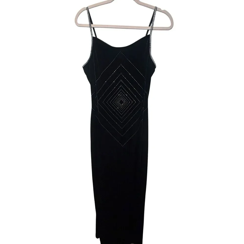 Y2K Pretty Girl Women’s XL Black Velvet Slip Dress Cowl Neck Long Rhinestone